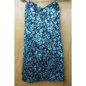 Sparkle Turquoise & Black Sequin Strapless Party Mini Dress Small PROM Dance